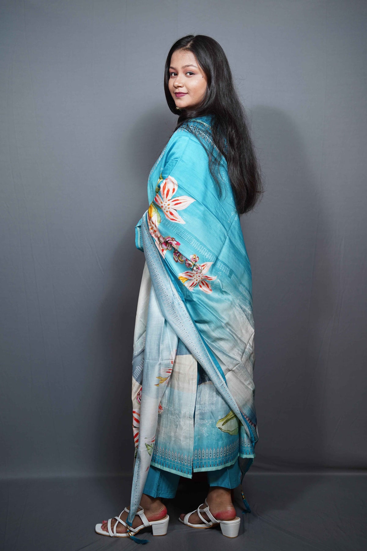 Ombre Turquoise Silk Kurta Set with Digital Floral Print & Hand-Embellished Neckline