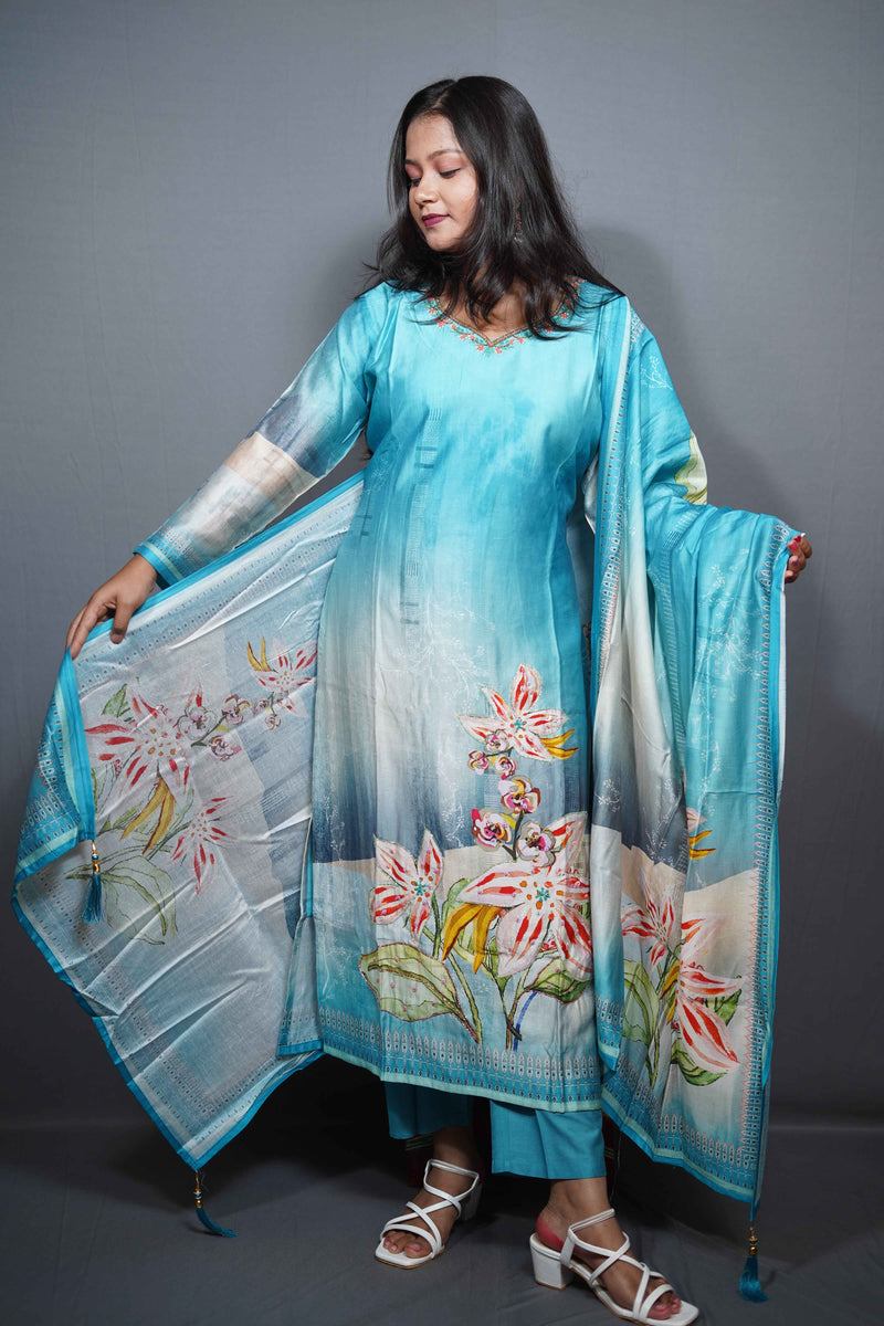 Ombre Turquoise Silk Kurta Set with Digital Floral Print & Hand-Embellished Neckline