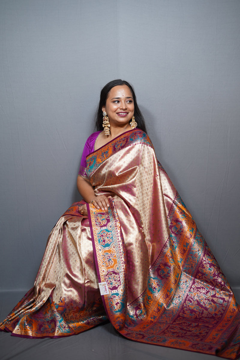 Tissue Silk Baluchari Saree with Multicolour Pictorial Border & Contrast Border