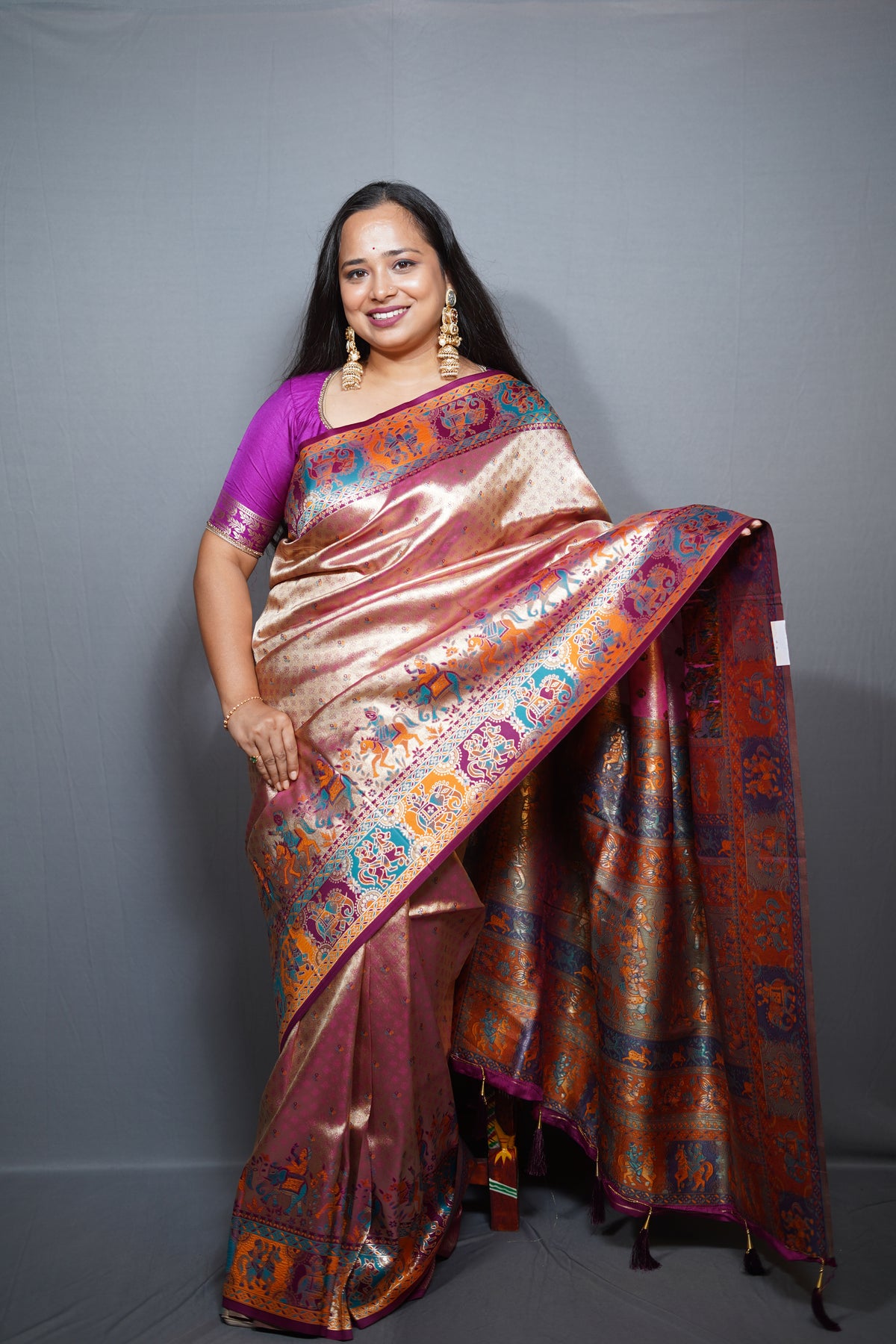 Tissue Silk Baluchari Saree with Multicolour Pictorial Border & Contrast Border