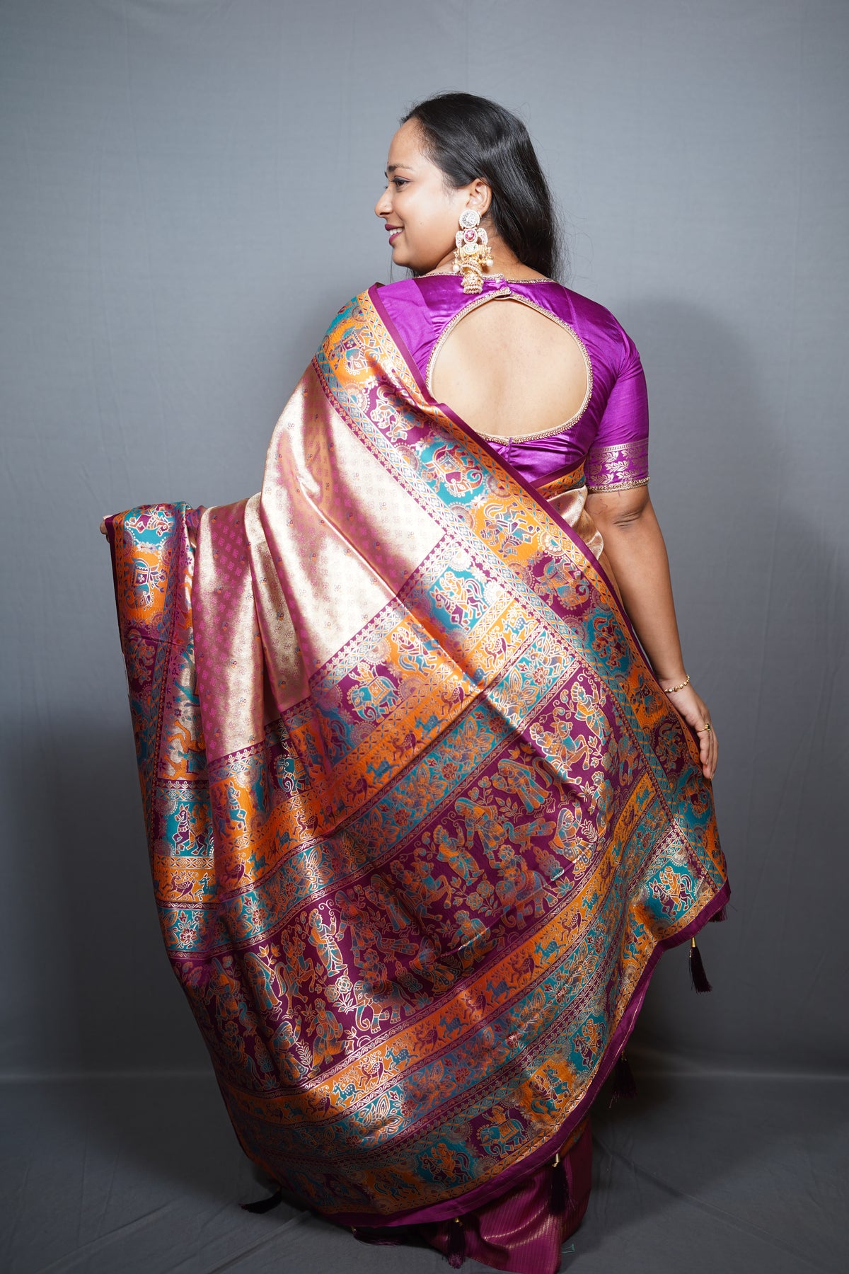 Tissue Silk Baluchari Saree with Multicolour Pictorial Border & Contrast Border