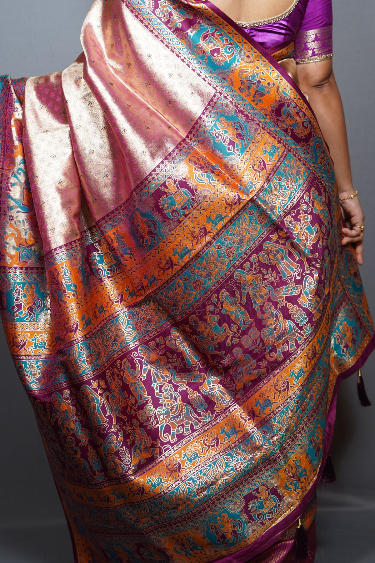 Tissue Silk Baluchari Saree with Multicolour Pictorial Border & Contrast Border