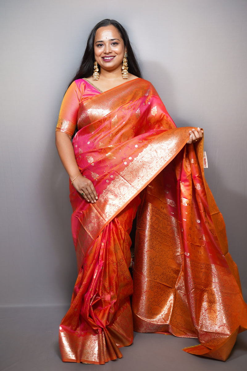 Dual-Tone Katan Silk Saree with Gold Zari Floral Butis & Weaving