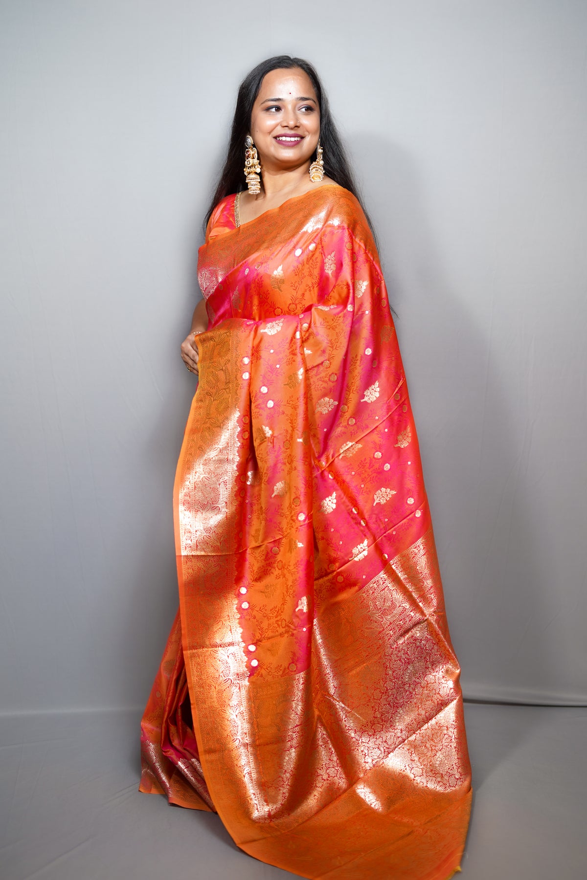 Dual-Tone Katan Silk Saree with Gold Zari Floral Butis & Weaving