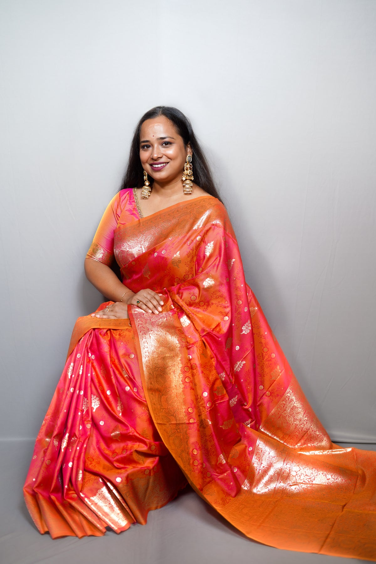 Dual-Tone Katan Silk Saree with Gold Zari Floral Butis & Weaving