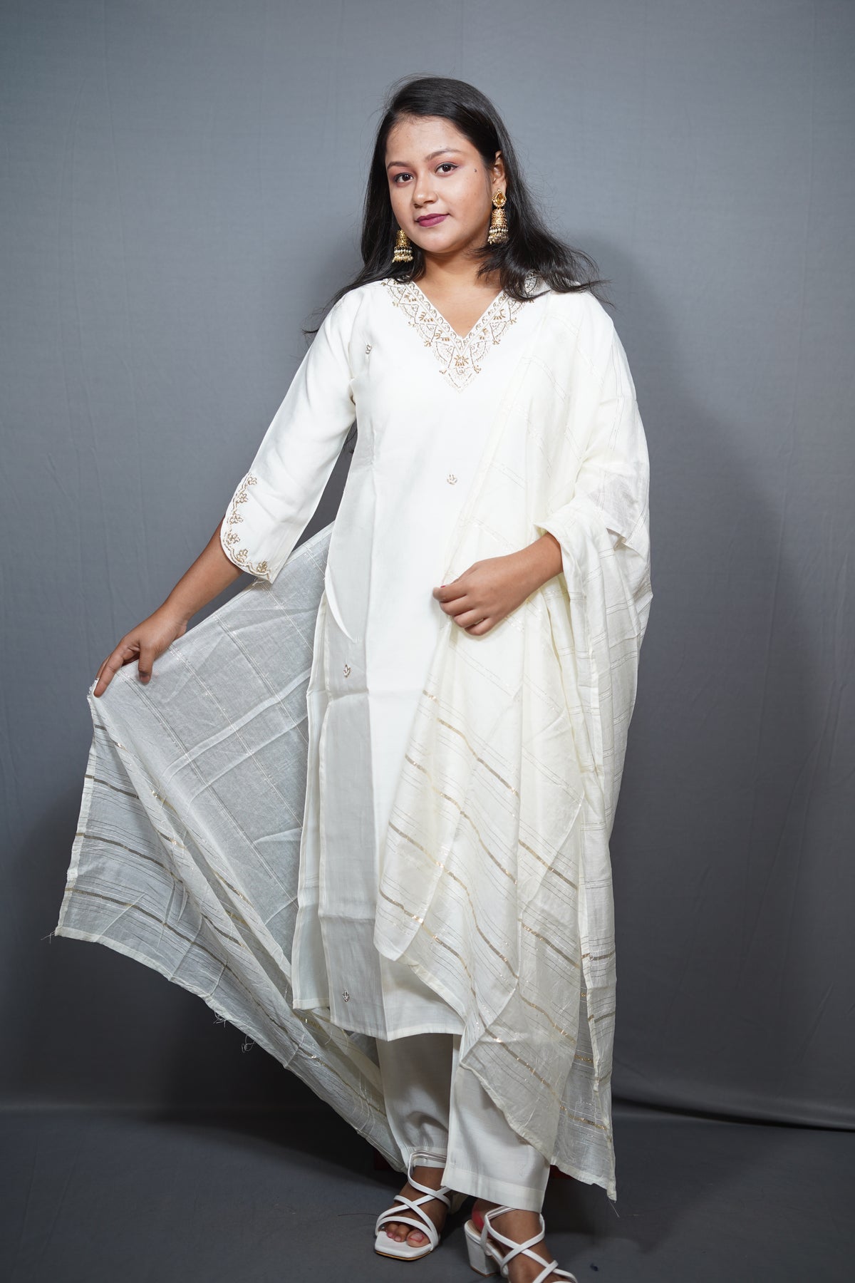 Ivory White Cotton Kurta Set with Gold Zari Booti Embroidery and Striped Dupatta