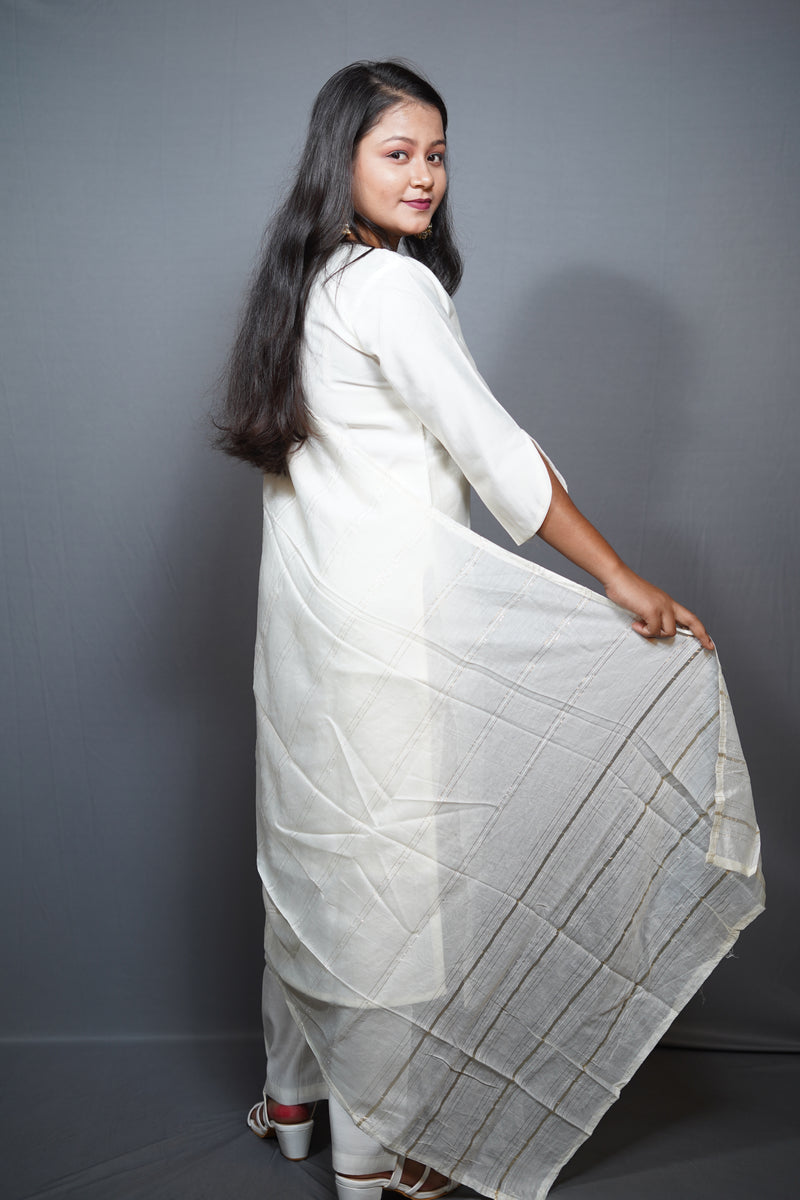 Ivory White Cotton Kurta Set with Gold Zari Booti Embroidery and Striped Dupatta