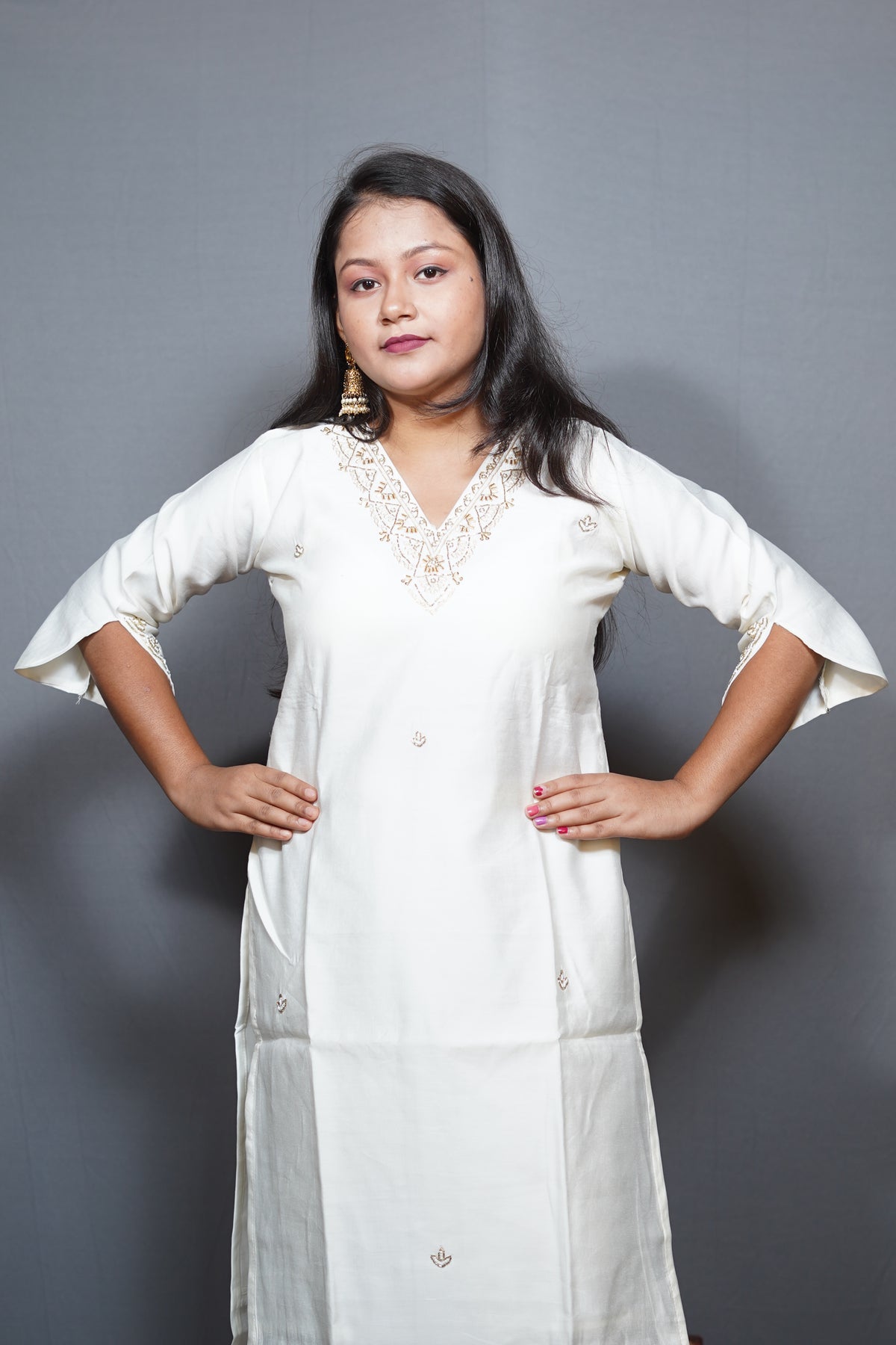 Ivory White Cotton Kurta Set with Gold Zari Booti Embroidery and Striped Dupatta