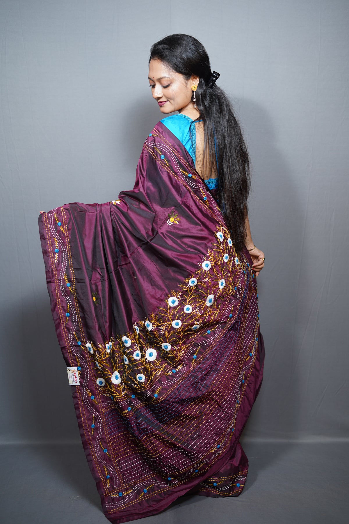 Designer Silk Saree with All-Over bulian stitch