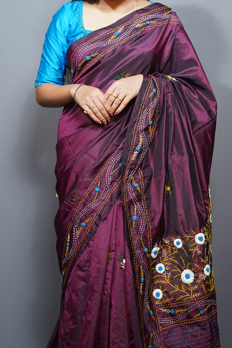 Designer Silk Saree with All-Over bulian stitch