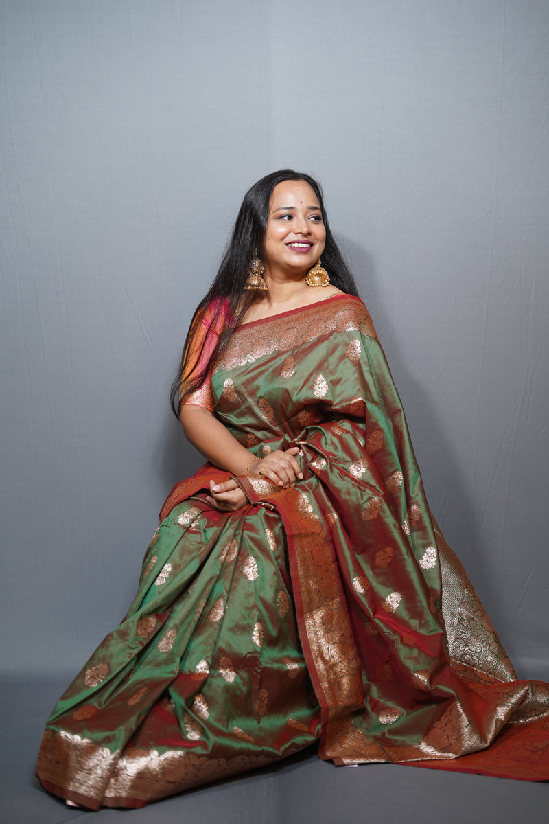 Premium Banarasi Katan Silk Saree with Antique Gold Zari Butas & Traditional Border