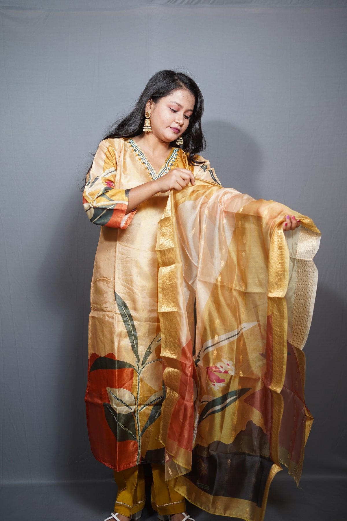 Golden Beige Digital Floral-Print Kurta Set with Zari Border Dupatta