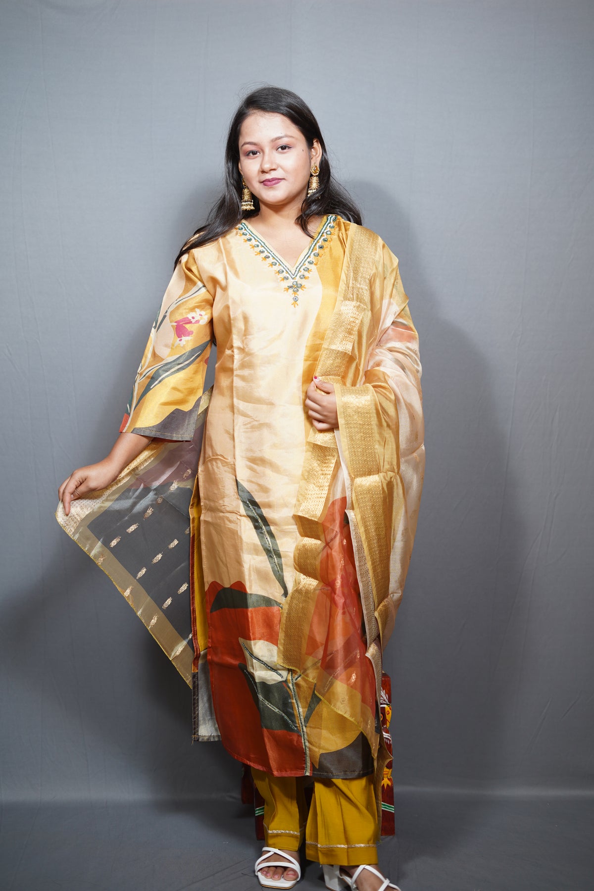 Golden Beige Digital Floral-Print Kurta Set with Zari Border Dupatta