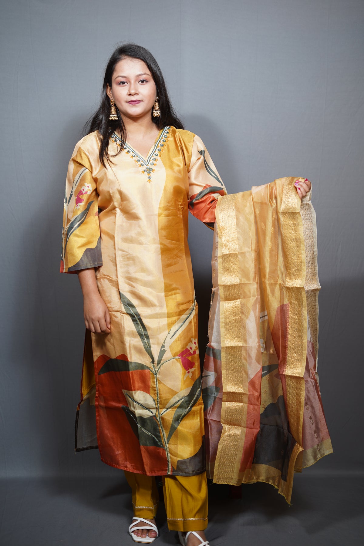 Golden Beige Digital Floral-Print Kurta Set with Zari Border Dupatta