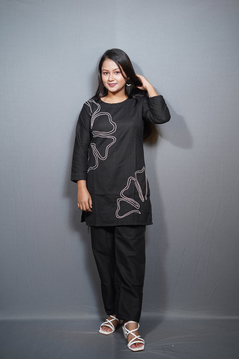 Black Cotton Kurta with Abstract Line Embroidery and Pants Co-ord Set