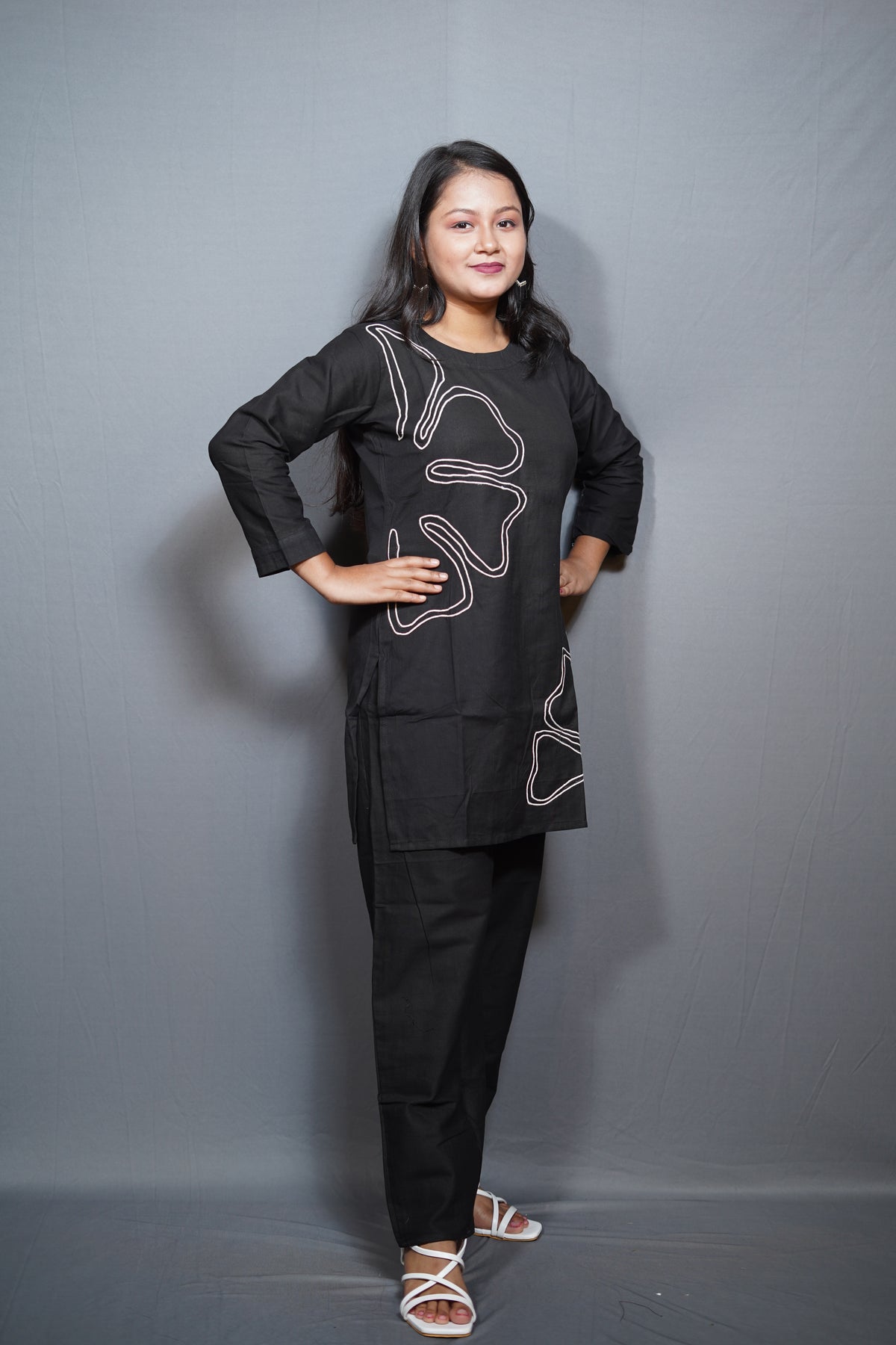 Black Cotton Kurta with Abstract Line Embroidery and Pants Co-ord Set