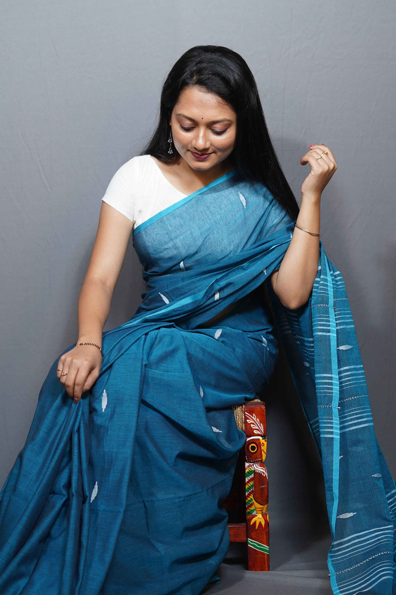 MulMul Cotton Saree with Woven Buti Motifs & Striped Pallu