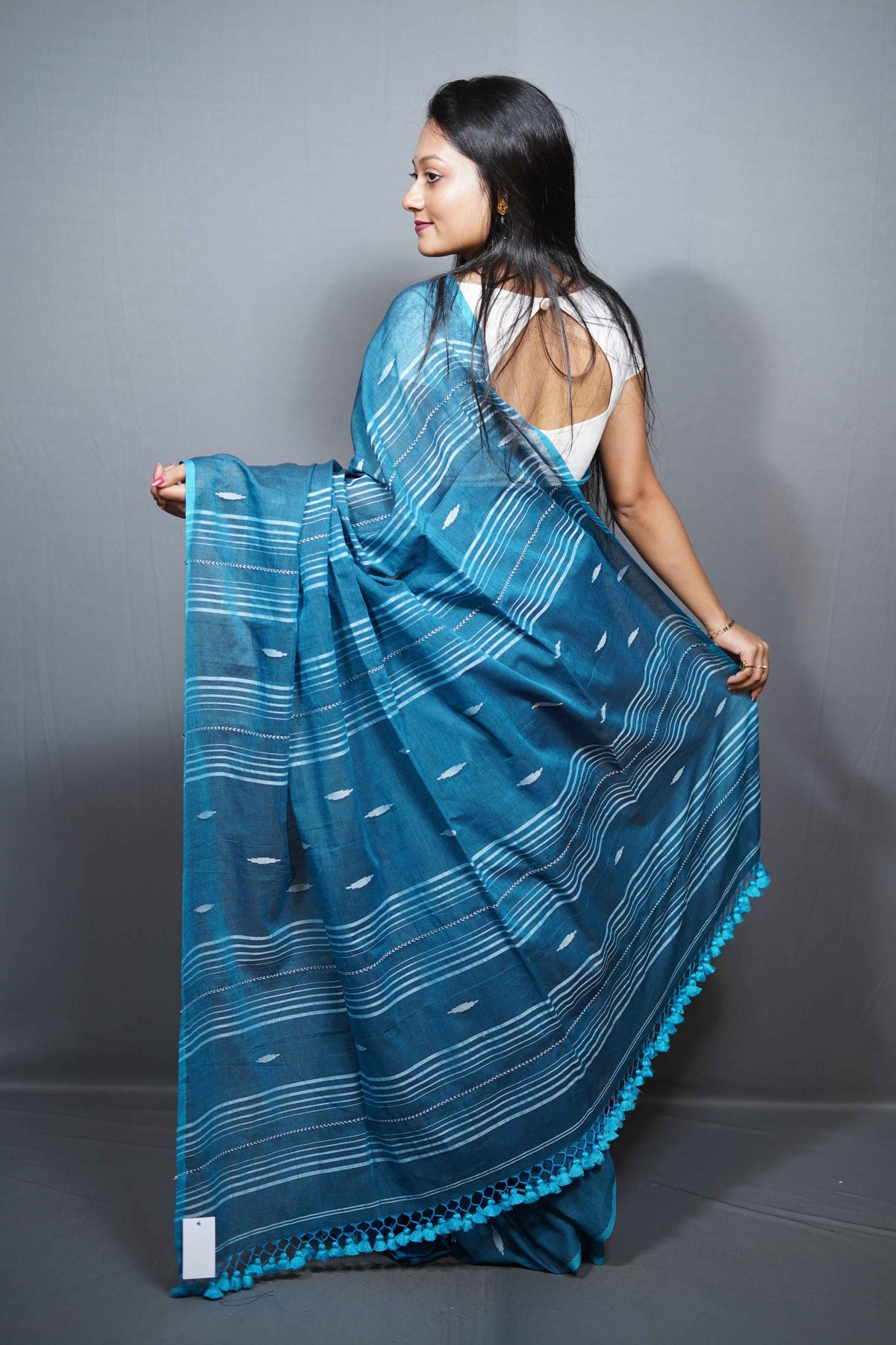 MulMul Cotton Saree with Woven Buti Motifs & Striped Pallu