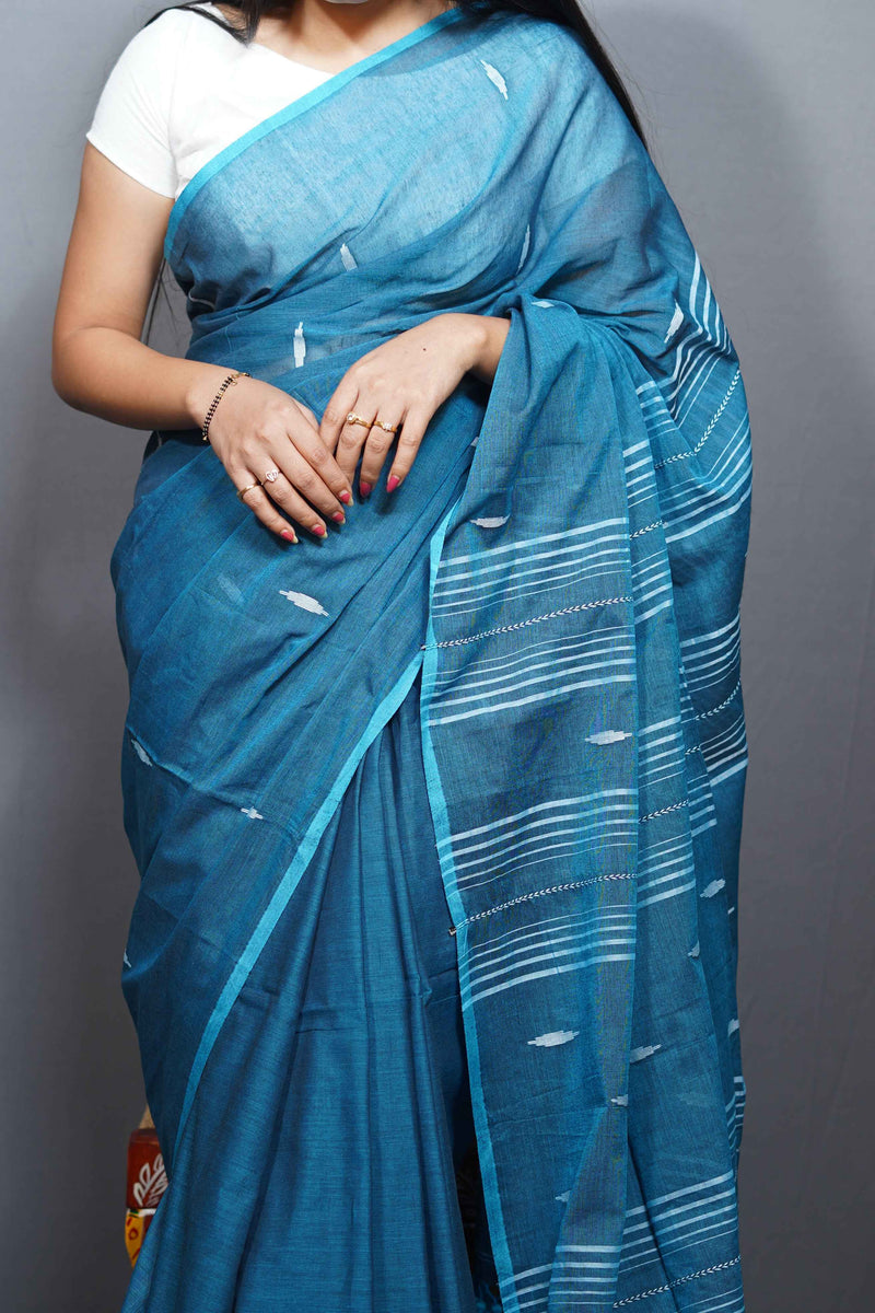 MulMul Cotton Saree with Woven Buti Motifs & Striped Pallu