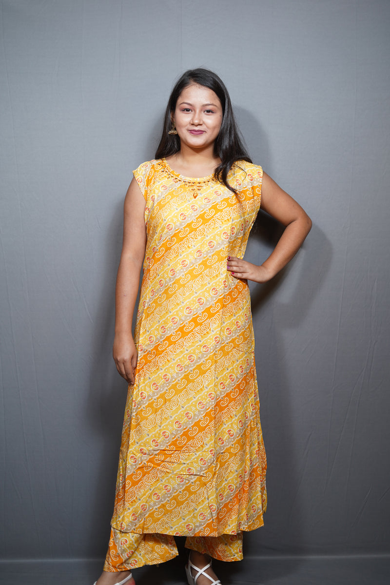 Bandhani Print Sleeveless Kurta Palazzo Set with Mirror Neckline