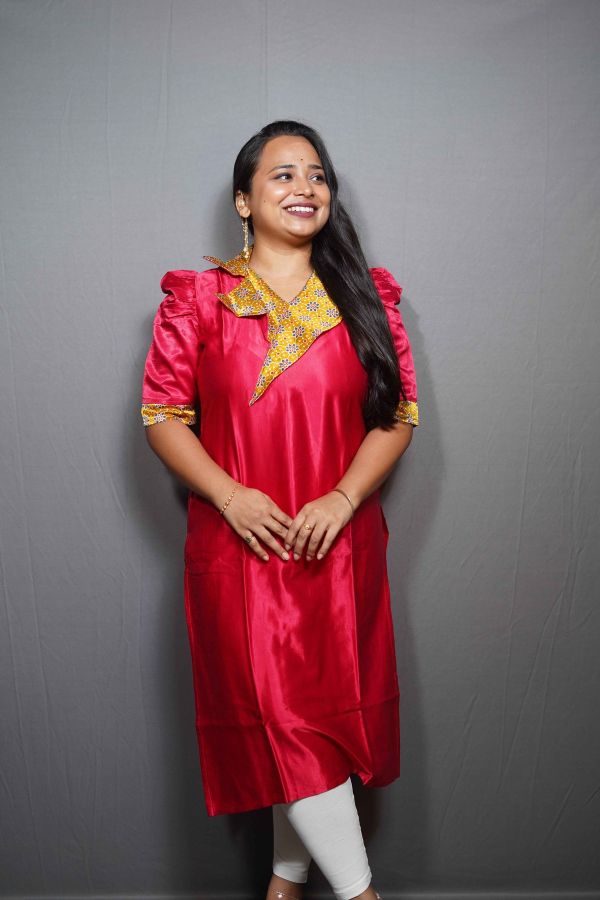 Modal Silk Kurta with Ajrakh Print Sailor Collar & Puff Sleeves