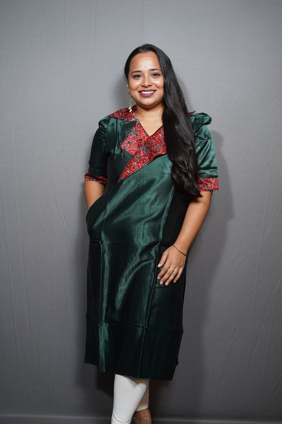 Modal Silk Kurta with Ajrakh Print Sailor Collar & Puff Sleeves