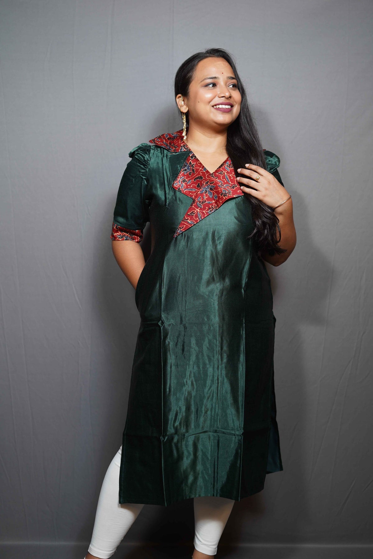 Modal Silk Kurta with Ajrakh Print Sailor Collar & Puff Sleeves