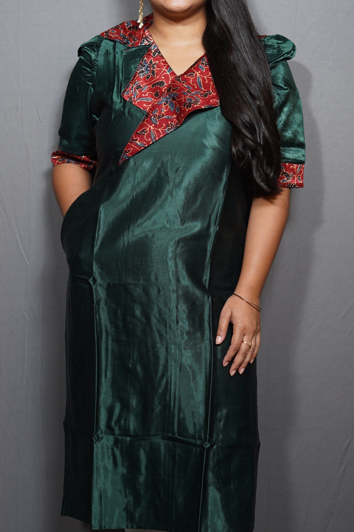 Modal Silk Kurta with Ajrakh Print Sailor Collar & Puff Sleeves