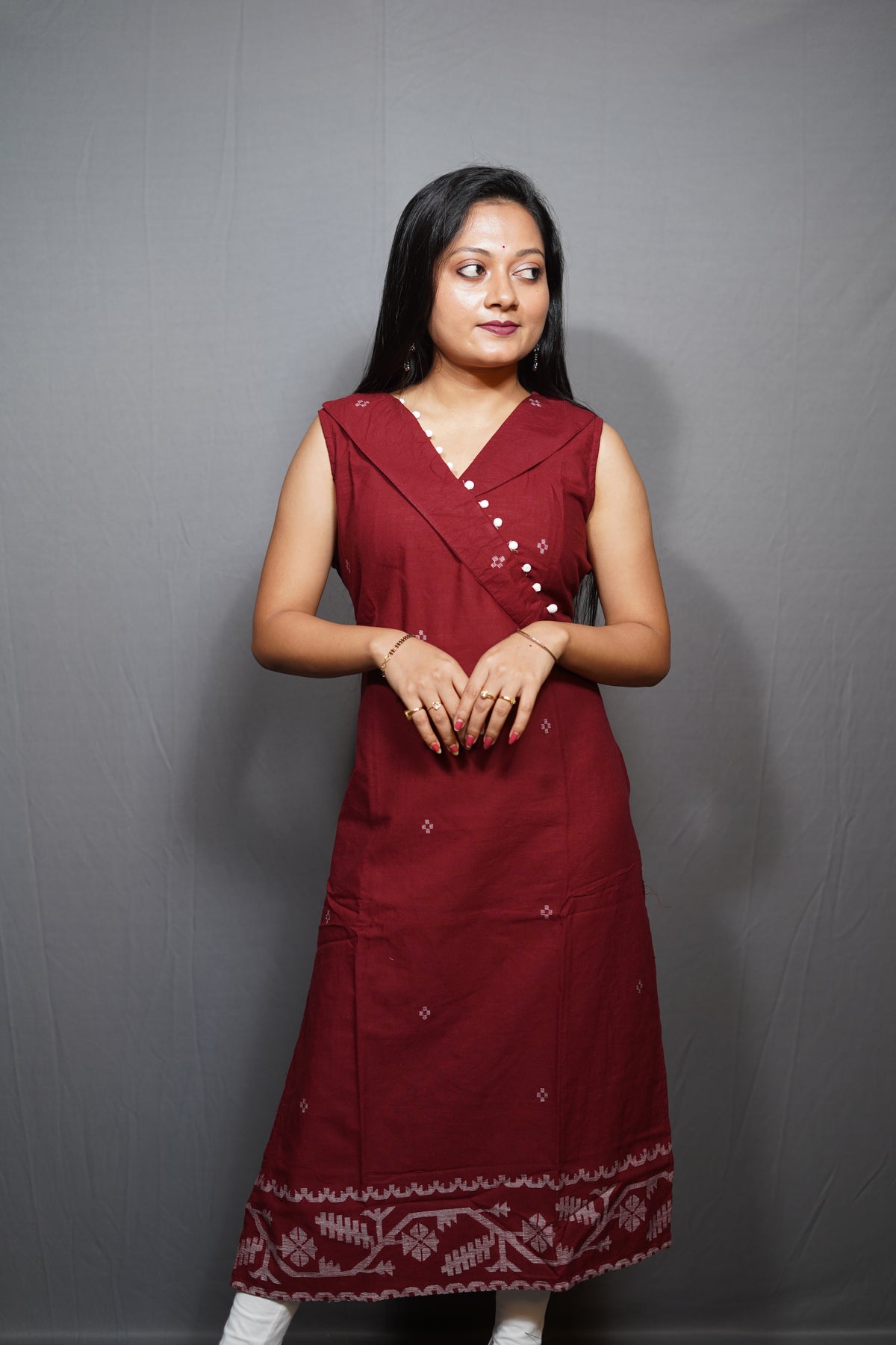 Handloom Cotton Sleeveless Kurta with Jamdani Border & Angrakha Collar