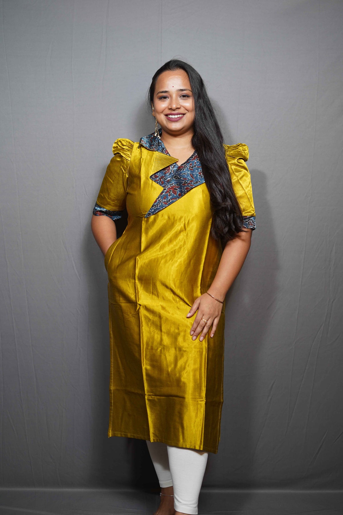 Modal Silk Kurta with Ajrakh Print Sailor Collar & Puff Sleeves