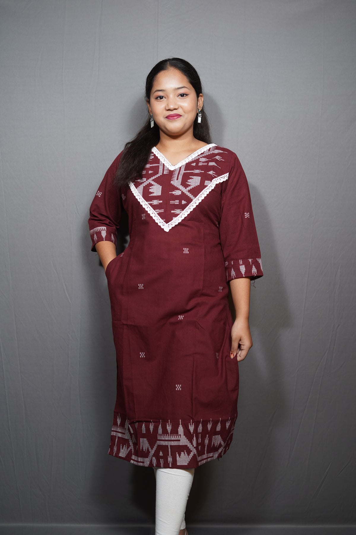 Handloom Ikat-Weave Cotton Kurta with V-Yoke Border & Crochet Lace Trim
