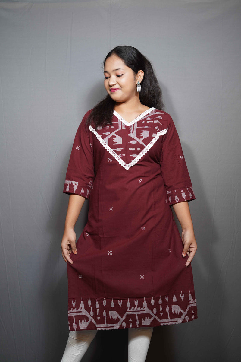 Handloom Ikat-Weave Cotton Kurta with V-Yoke Border & Crochet Lace Trim
