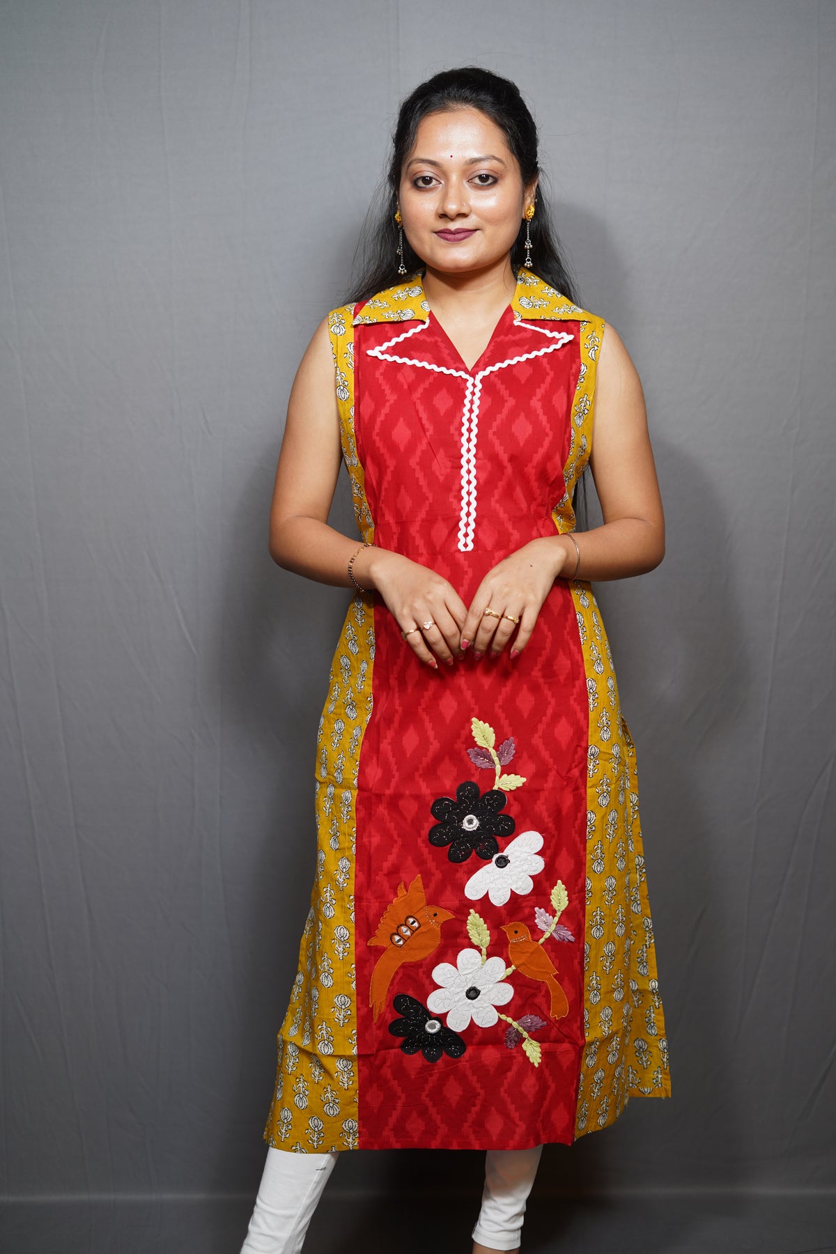 Cotton Kurta with double collar design and Wave Border