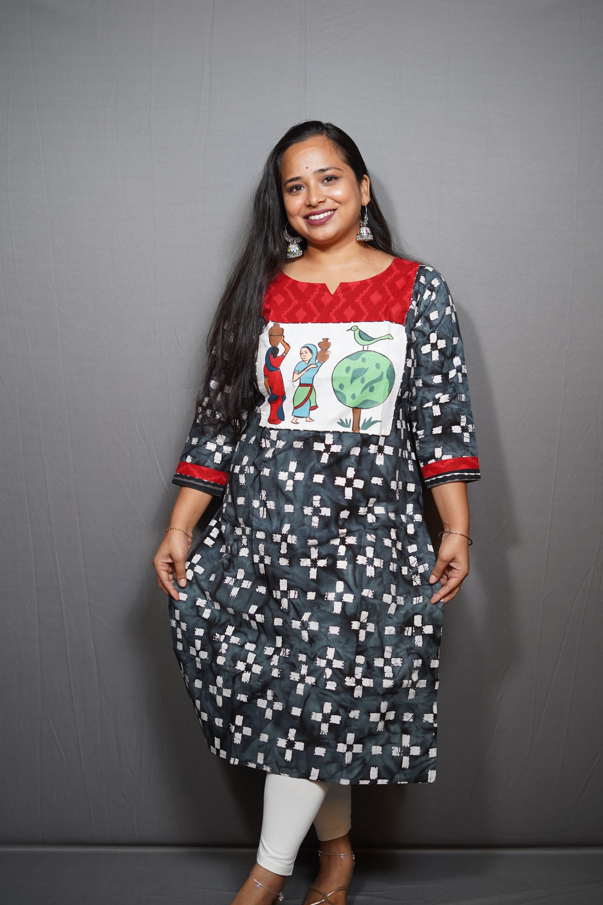Batik Print Cotton Kurta with Village Life Patch Panel