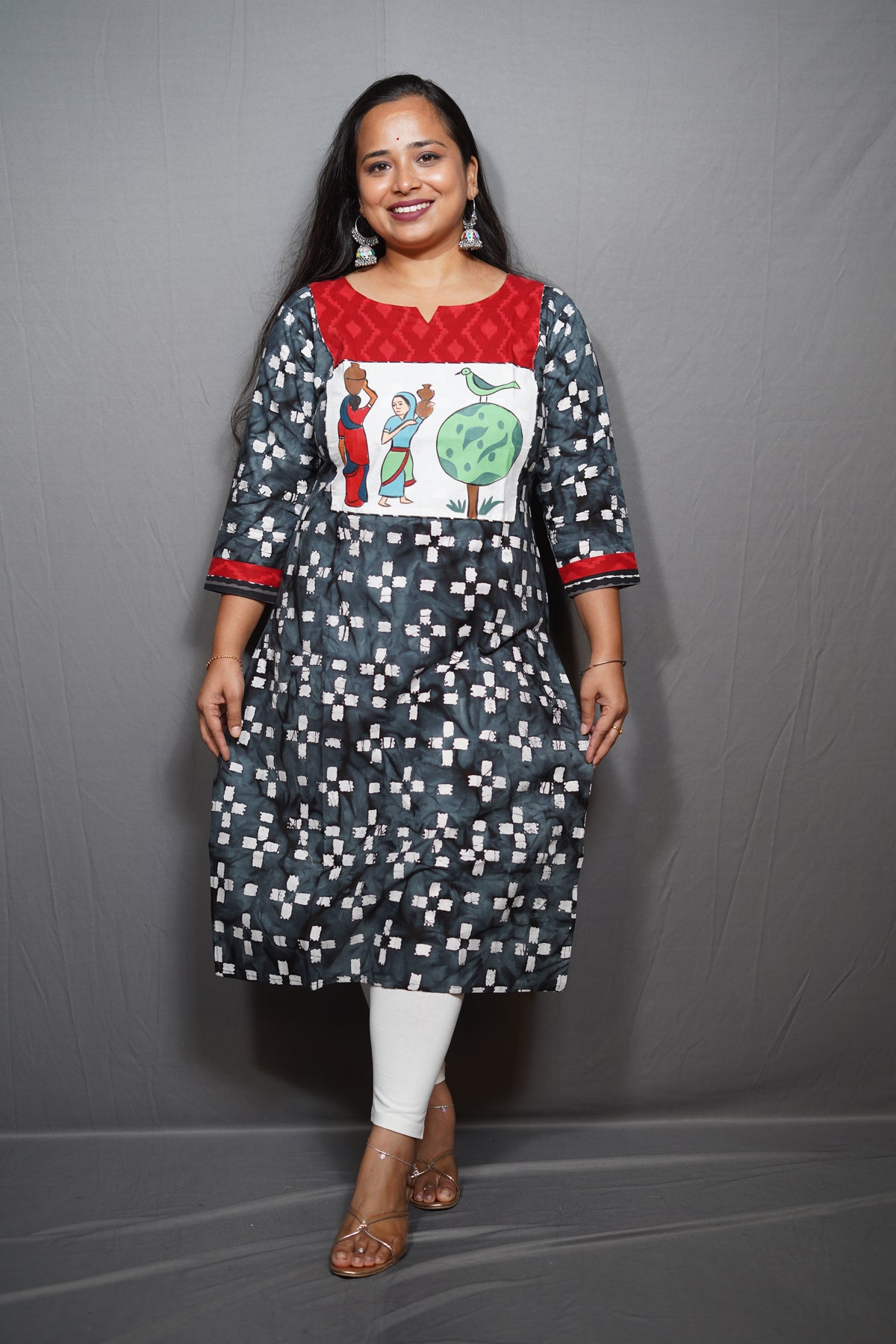 Batik Print Cotton Kurta with Village Life Patch Panel