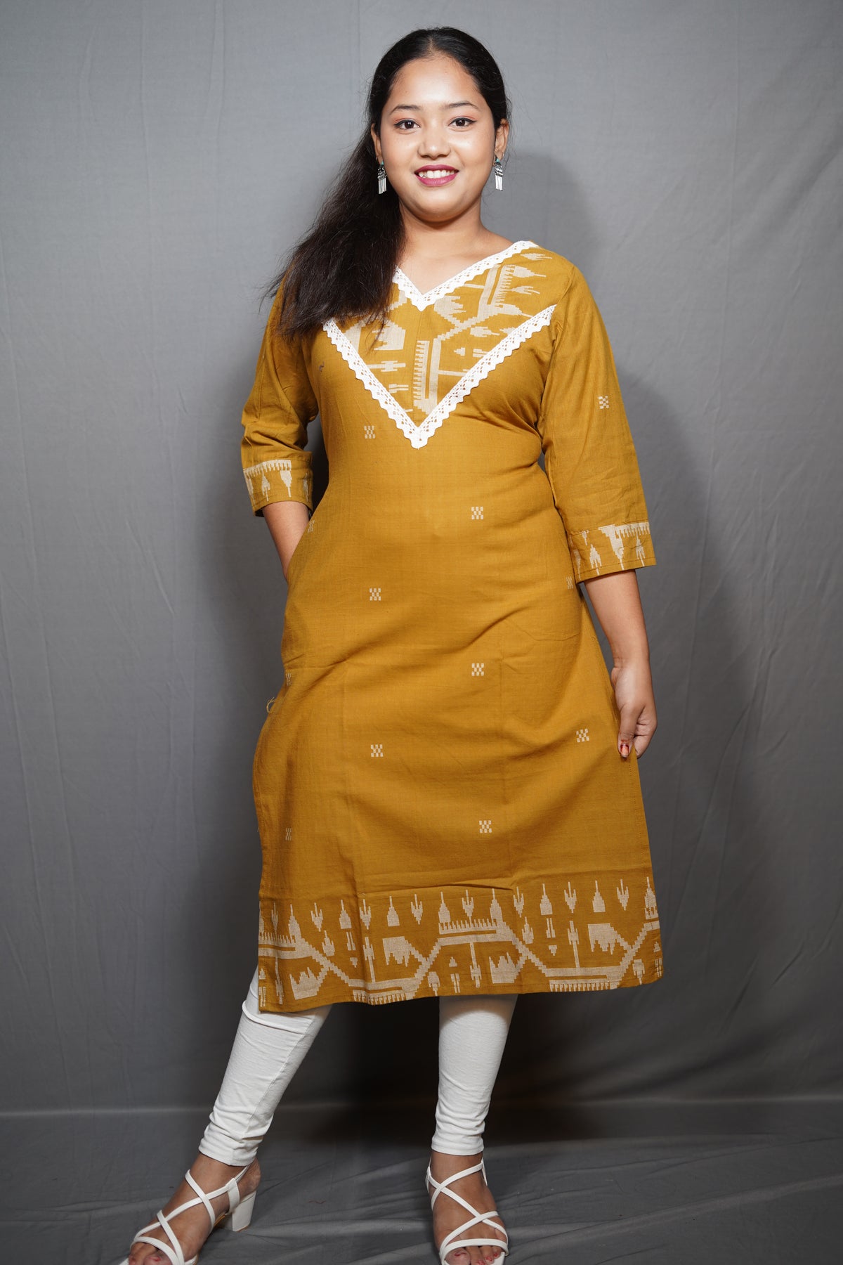 Handloom Ikat-Weave Cotton Kurta with V-Yoke Border & Crochet Lace Trim