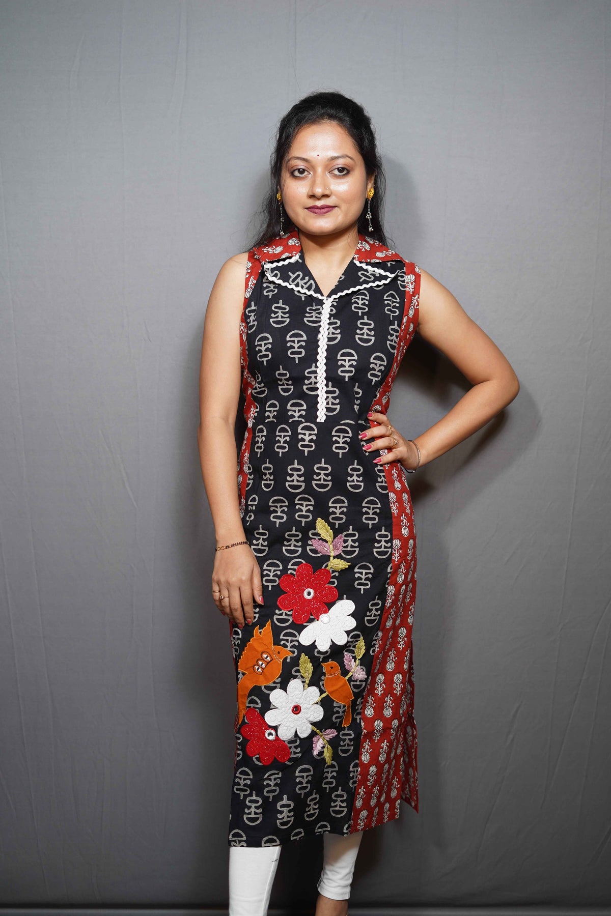Cotton Kurta with double collar design and Wave Border