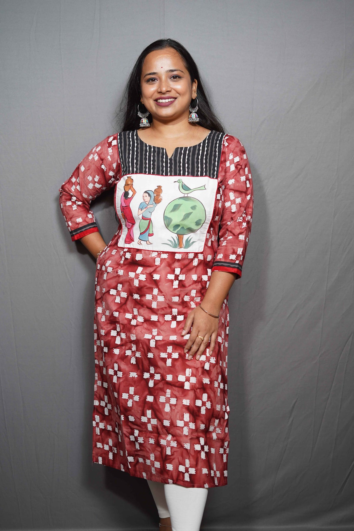 Batik Print Cotton Kurta with Village Life Patch Panel