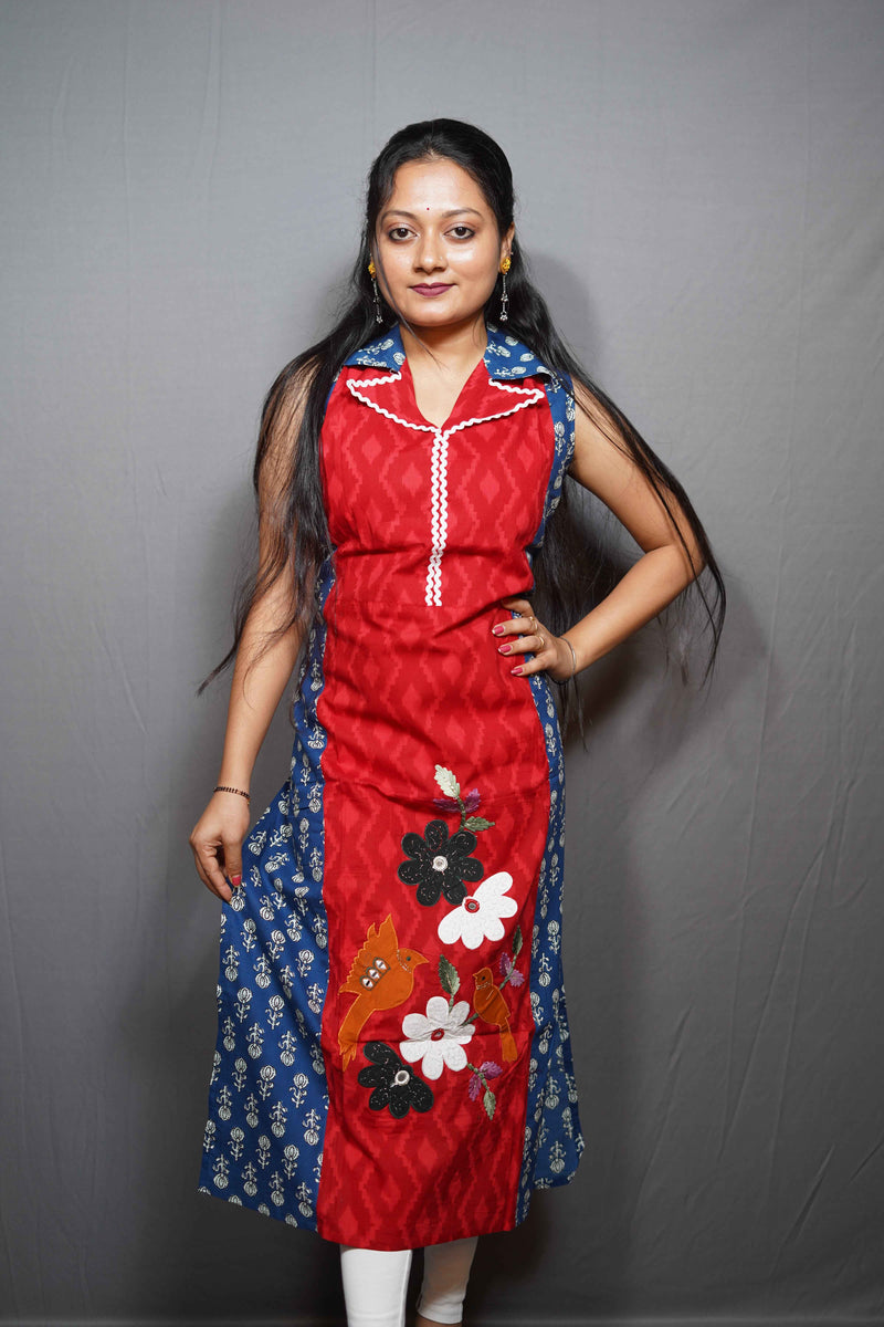 Cotton Kurta with double collar design and Wave Border