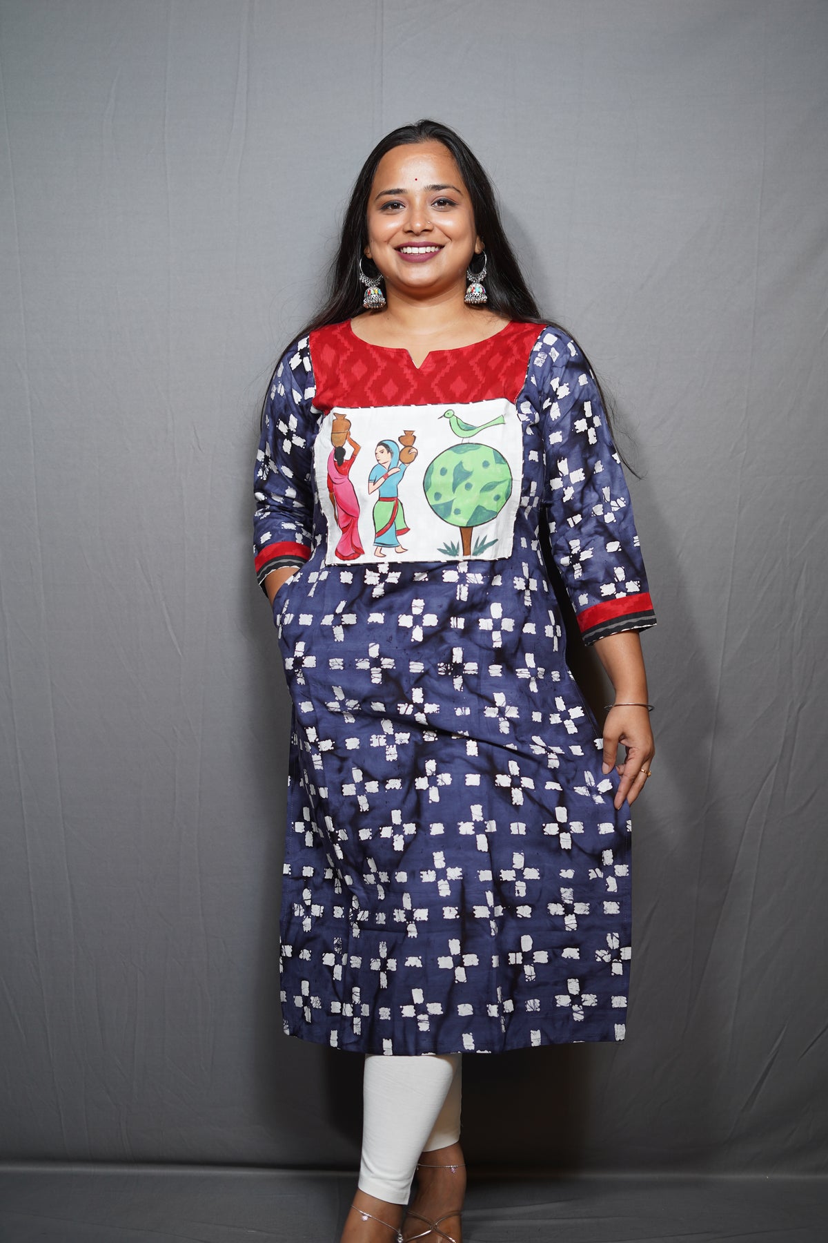Batik Print Cotton Kurta with Village Life Patch Panel