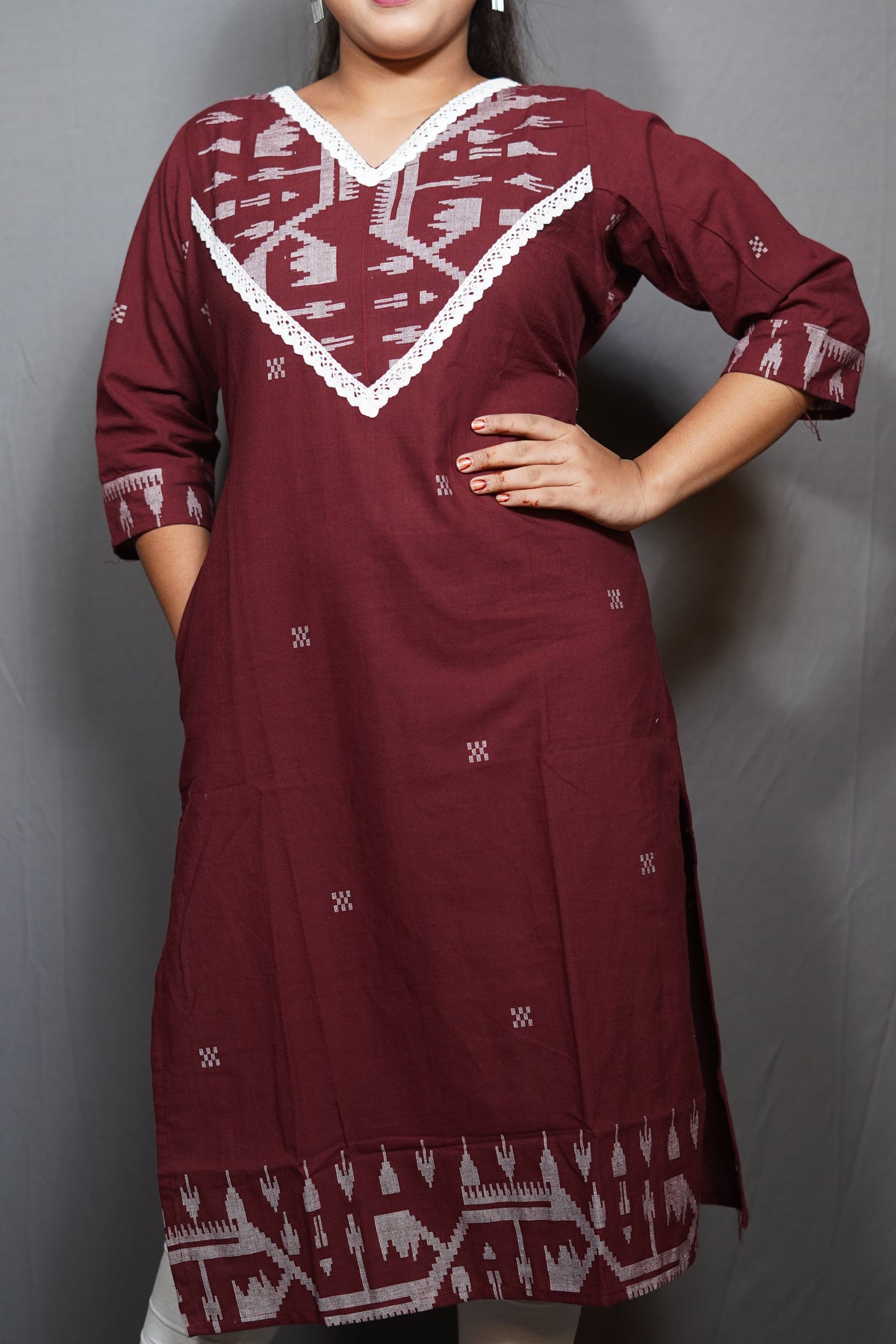 Handloom Ikat-Weave Cotton Kurta with V-Yoke Border & Crochet Lace Trim