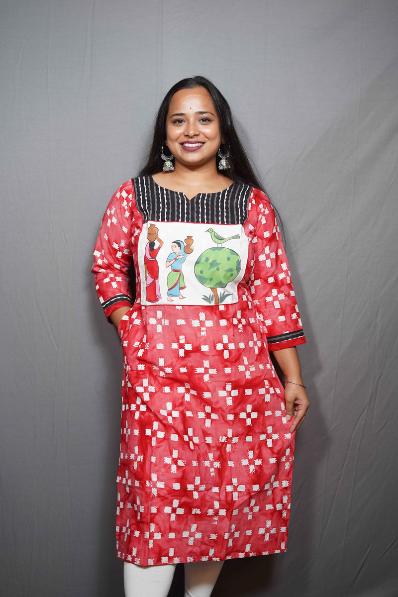 Batik Print Cotton Kurta with Village Life Patch Panel