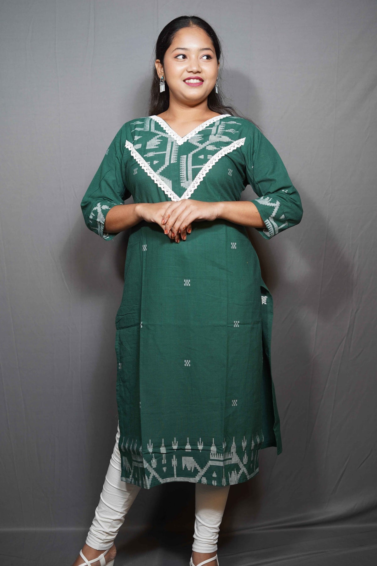 Handloom Ikat-Weave Cotton Kurta with V-Yoke Border & Crochet Lace Trim