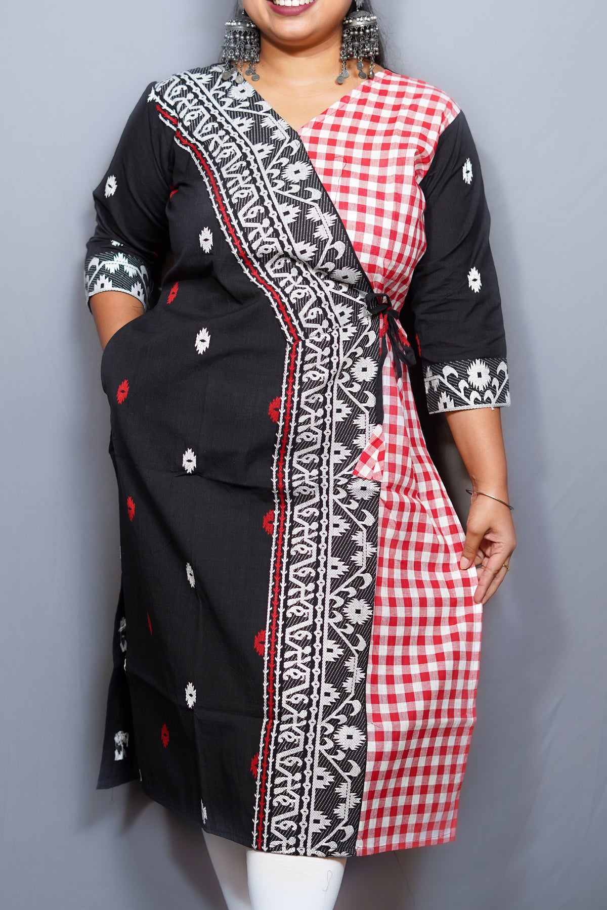 Handloom Cotton Angrakha Kurta with Jamdani Border & Gingham Contrast