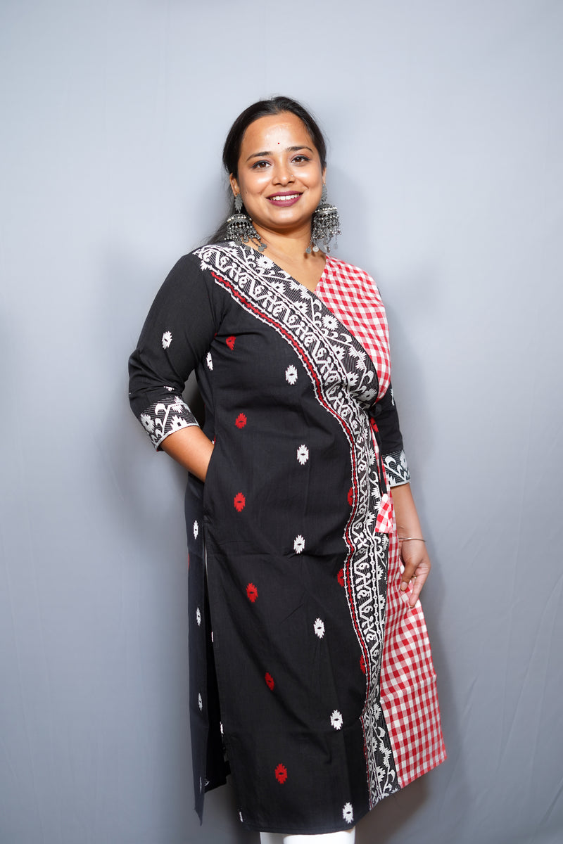 Handloom Cotton Angrakha Kurta with Jamdani Border & Gingham Contrast