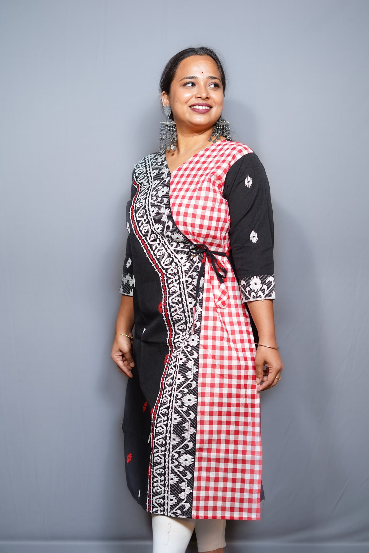 Handloom Cotton Angrakha Kurta with Jamdani Border & Gingham Contrast