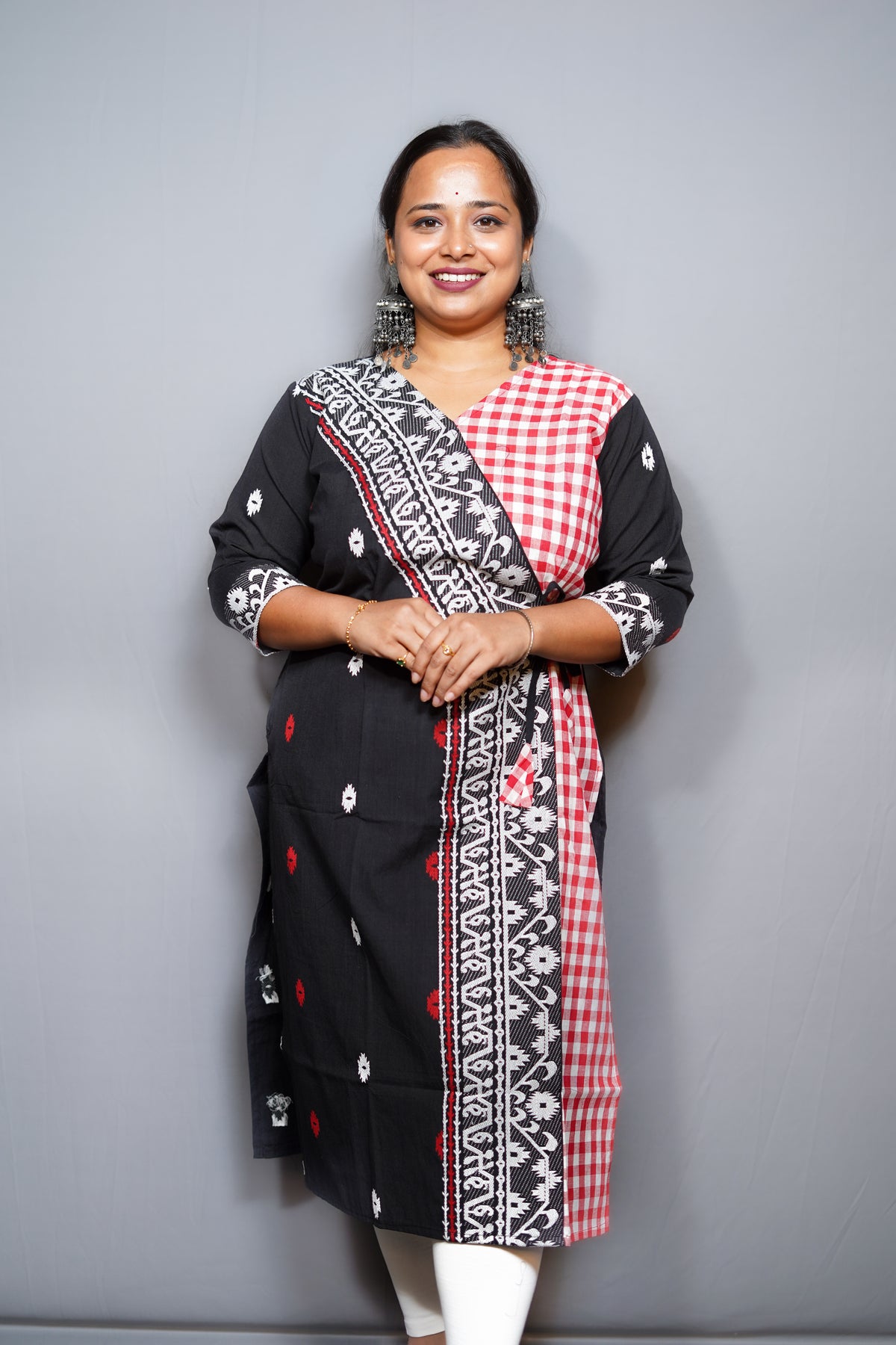 Handloom Cotton Angrakha Kurta with Jamdani Border & Gingham Contrast