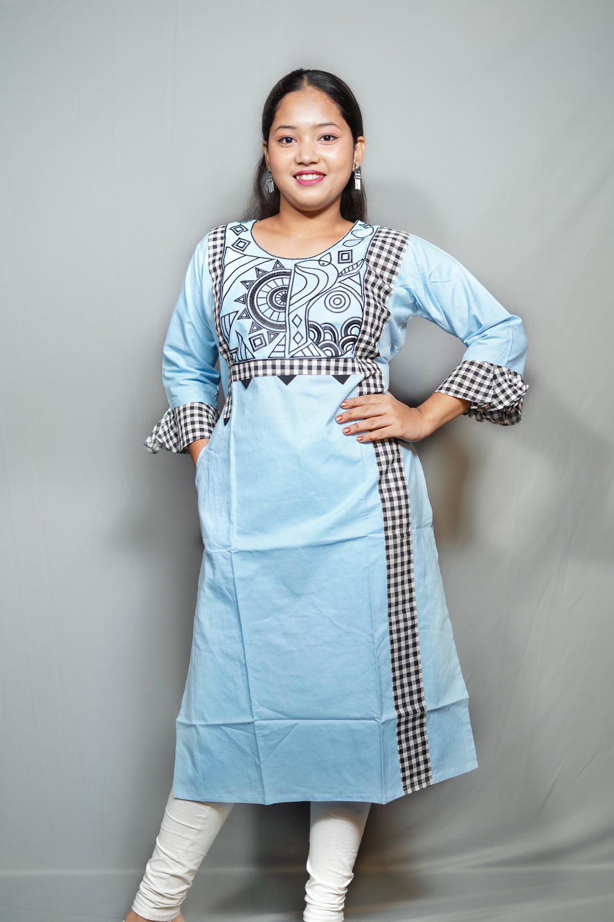 Cotton Kurta with Embroidered Tribal Art Yoke & Gingham Check Trim