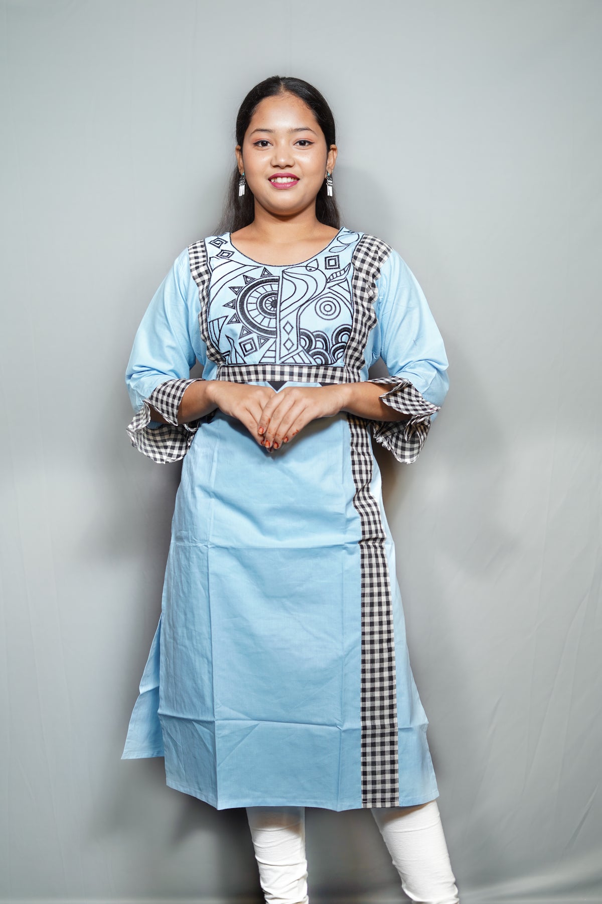 Cotton Kurta with Embroidered Tribal Art Yoke & Gingham Check Trim