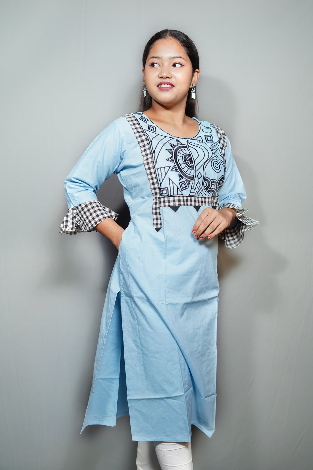 Cotton Kurta with Embroidered Tribal Art Yoke & Gingham Check Trim